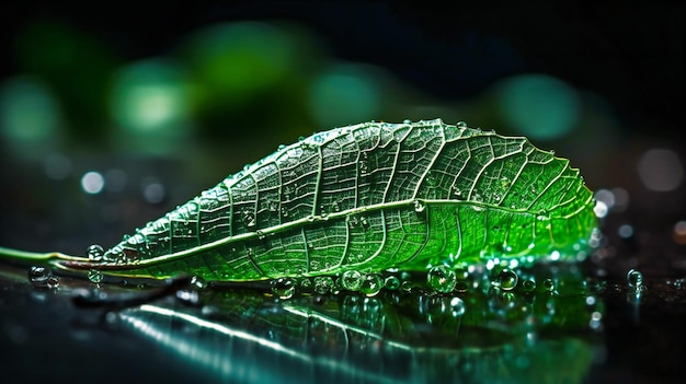 A macro shot of a white transparent leaf on a mirror surface reflecting on a vibrant green water surface