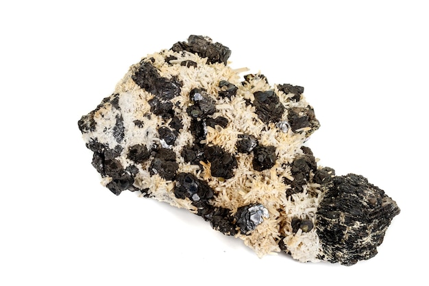 Macro steen mineraal pyrrhotiet kwarts sfaleriet calciet Galena op witte achtergrond