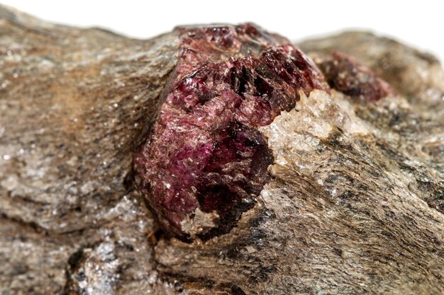 Macro stone garnet mineral in rock on a white background