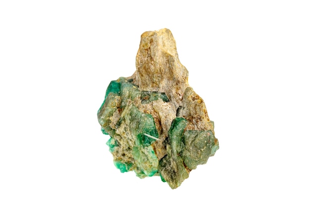 Macro stone mineral emerald on a white background