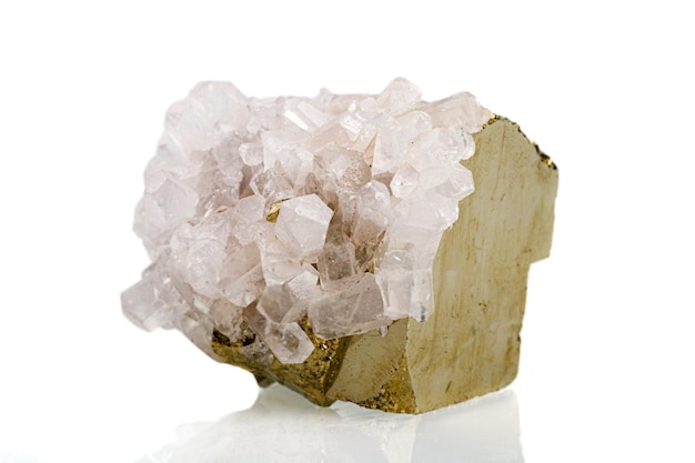 Macro stone mineral pyrite with calcite on a white background