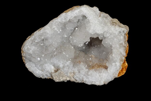 Macro stone mineral quartz geodes on black background