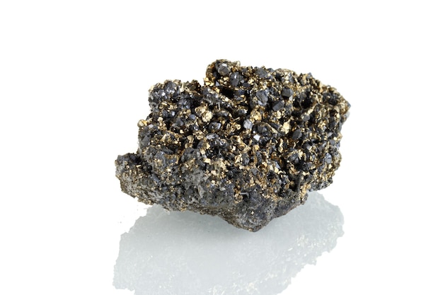 Macro stone mineral Quartz pyrite on a white background