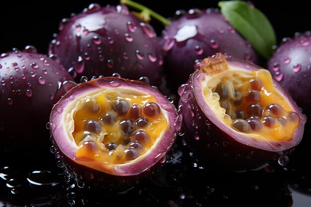 Foto macro consistenza di succoso frutto della passione ricco di succosità brillante