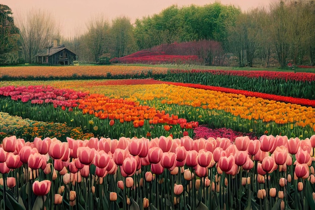 Macro tulip garden in front of wooden house with windo