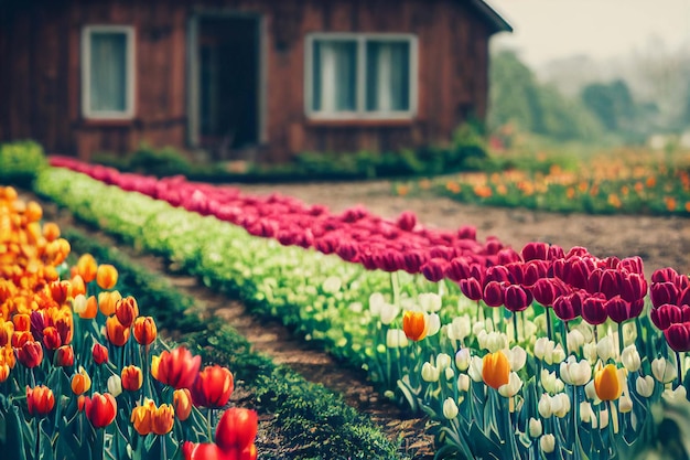 Macro giardino dei tulipani davanti alla casa in legno con finestra