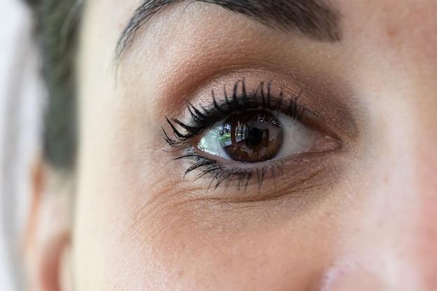 Macro van een bruin oog van een jong donkerbruin meisje detail van de iris en leerling Duidelijke rimpels en kraaienpootjes als tekenen van leeftijd