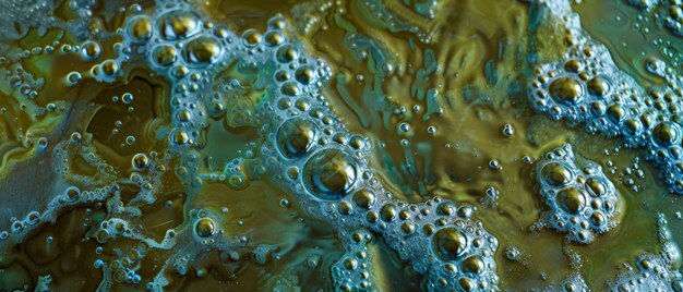 Photo macro view of abstract iridescent bubbles in fluid