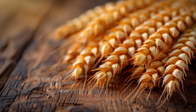 Macro view of a bunch of wheat on a rustic wooden table