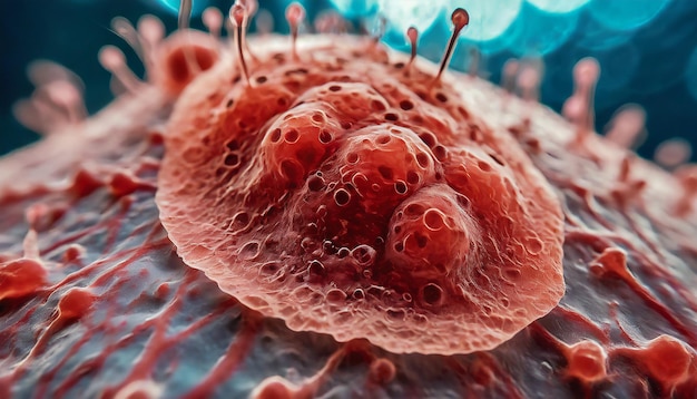 Photo macro view of a cancerous tumor cell that is attacking the body human biology microscope close up