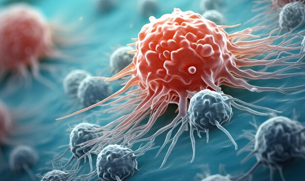 Photo macro view of a cancerous tumor cell that is attacking the body human biology microscope close up