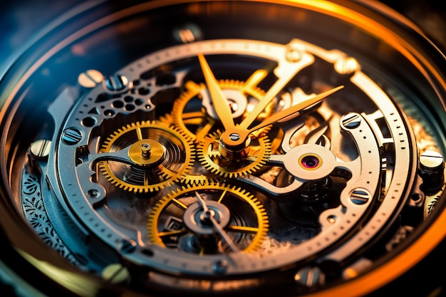 Photo macro view of clock with many gears on it's face