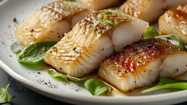 Photo macro view of delicious fish pieces on a white plate