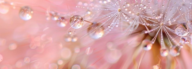 Macro view of dew drops on dandelion seeds peach fuzz background Color of the year 2024