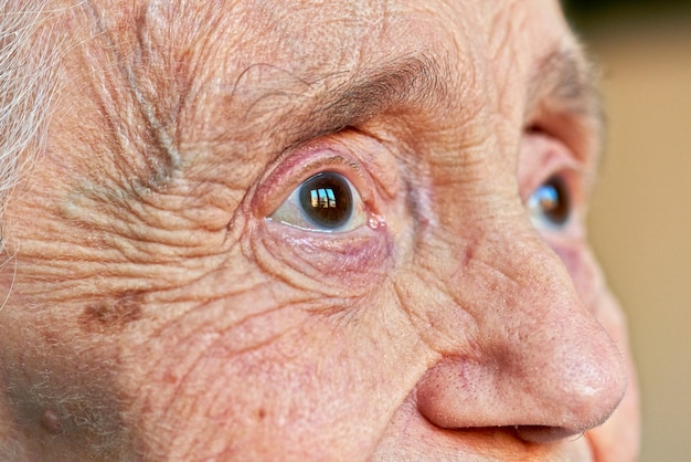 高齢者の女性の目のマクロの表示