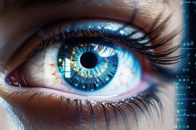 Macro view of eye with cybernetic iris perfect for topics on surveillance AI biometric security and futuristic technology in marketing materials IT digital world computer data Generative AI