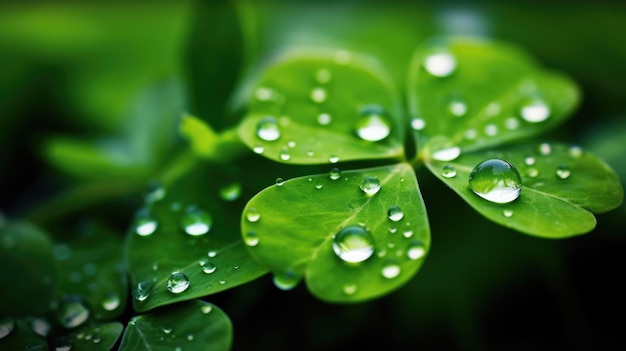 Photo macro view of green fourleaf clover with morning dew with blurred background st patricks day luck