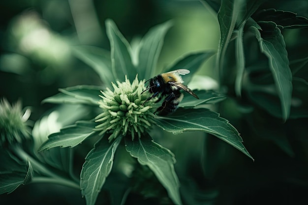 Macro view of green plant with bumblebee visiting created with generative ai