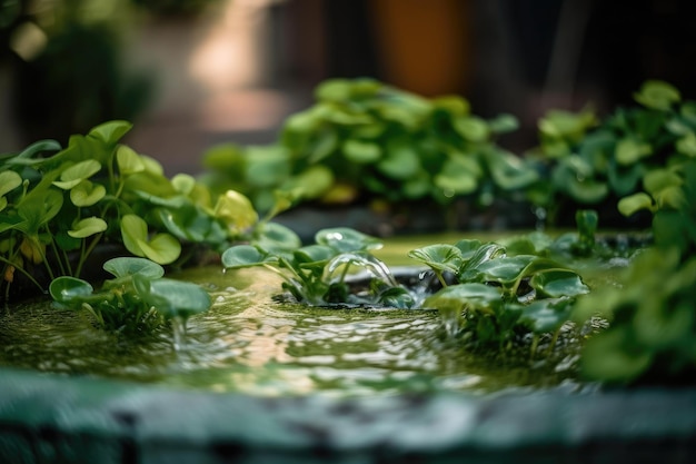 噴水で育つ緑の植物のマクロビュー