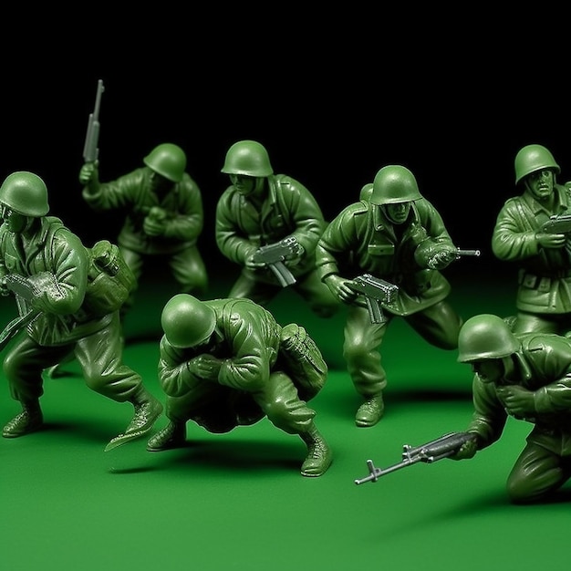 Macro View Green plastic toy soldiers in the middle of a war Collection of green toy plastic