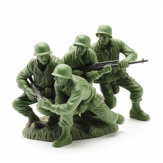 Macro View Green plastic toy soldiers in the middle of a war Collection of green toy plastic