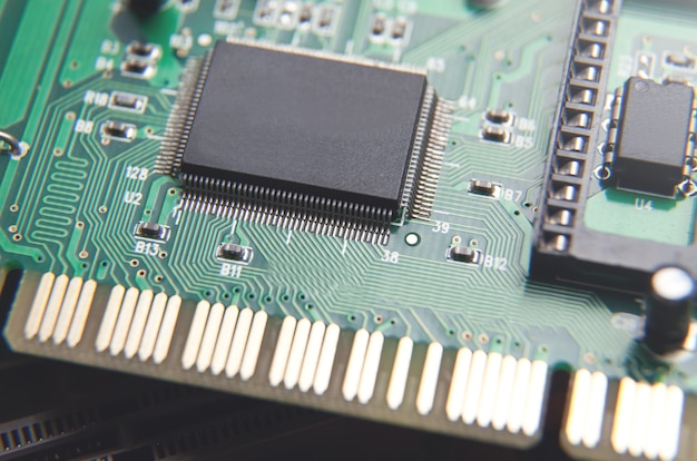 Photo macro view. microchip in circuit board