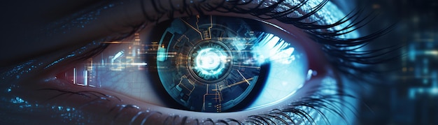Фото Макро-видение глаз с кибернетической радужкой идеально подходит для тем наблюдения ии биометрическая безопасность и футуристические технологии в маркетинговых материалах ит цифровой мир компьютерные данные генеративный ии