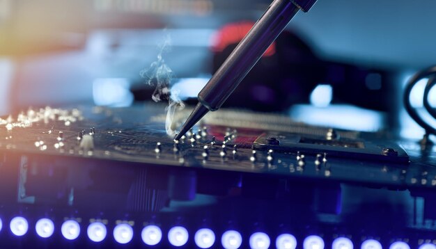macro view of precision soldering on a circuit board with a soldering iron under warm ambient light in a hightech electronics workshop