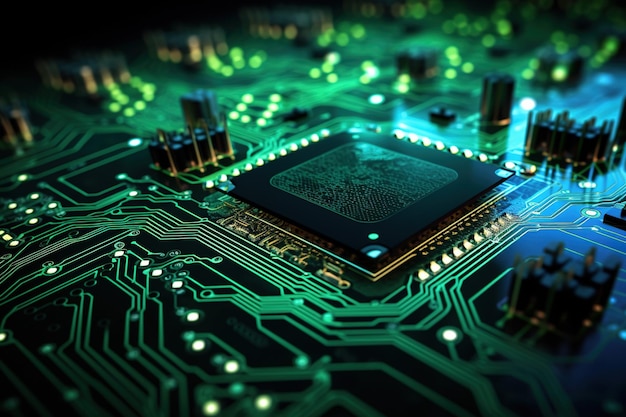 Macro view of a printed circuit board with glowing fibre optic trails