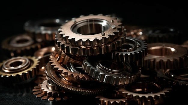 Macro view of the set of metal shiny gears or cogwheels