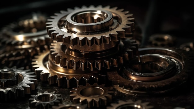 Macro view of the set of metal shiny gears or cogwheels