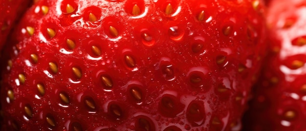 선명한 빨간색 질감과 씨앗을 보여주는 딸기 표면의 거시적 보기 AI Generative