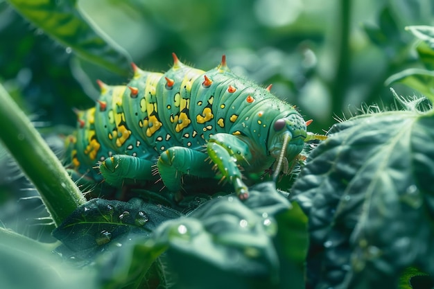 A macro view of a tomato hornworm on a tomato plant its large green body camouflaged among the lea