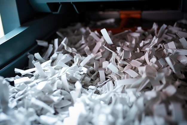 Macro view of a white paper shredder in action