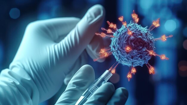 Macro of virus model targeted by syringe medical research and vaccine development in laboratory