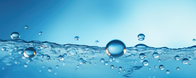 Макро водяные капли в синей чистой питьевой воде панорамный баннер Generative Ai