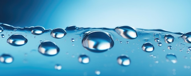Макро водяные капли в синей чистой питьевой воде панорамный баннер Generative Ai