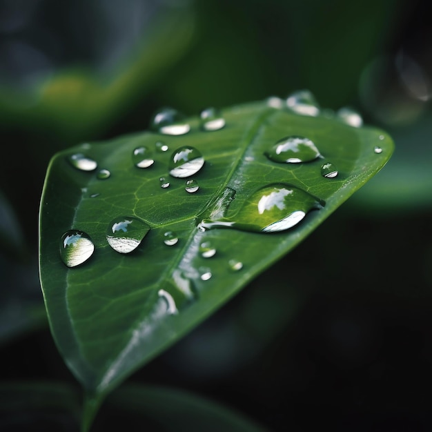 Macro water drops on green leaf spring concept Generative AI