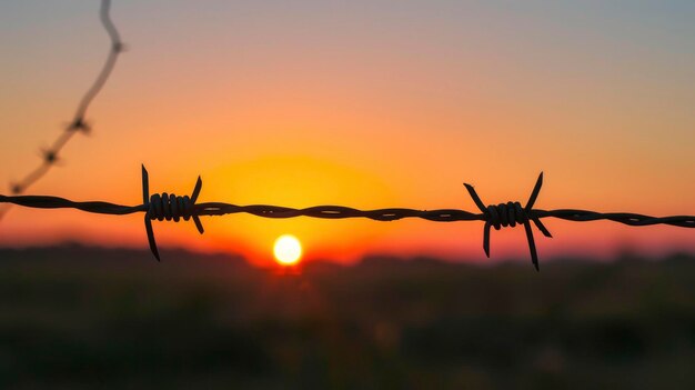 Macrobeeld van een prikkeldraad tegen een zonsondergang