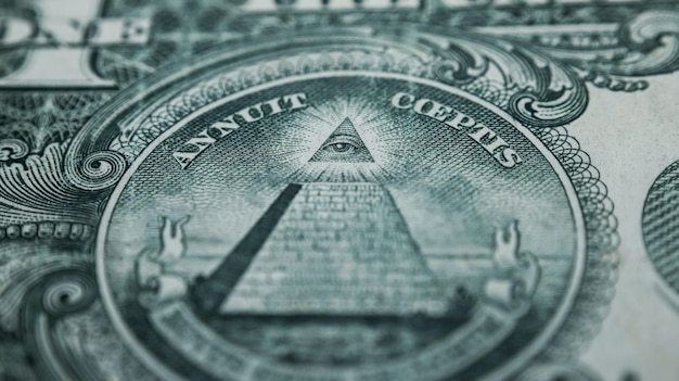 macrobeeld van het oog in de piramide van het Amerikaanse dollarbiljet