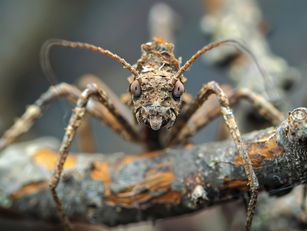 Macrofoto van een gecamoufleerd insect dat zich vermengt met het natuurlijke houthabitat