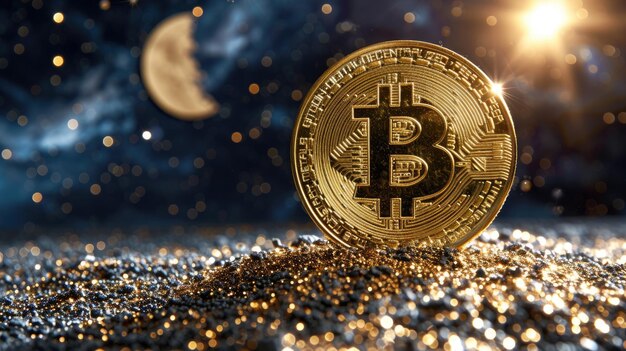 Macrofoto van een gouden Bitcoin op een sterren achtergrond maan in de bovenste hoek symboliserend