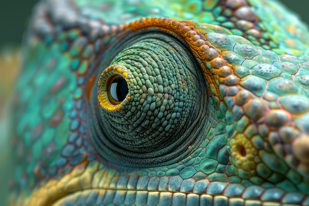 Macrofoto van een kleurrijk kameleon oog met ingewikkelde schaalpatronen die diepte en texturen in