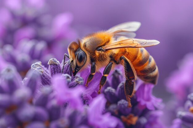 Macrofoto van honingbijen die ijverig een veld van bloeiende lavendel bestuiven in een schilderachtige bijenstal