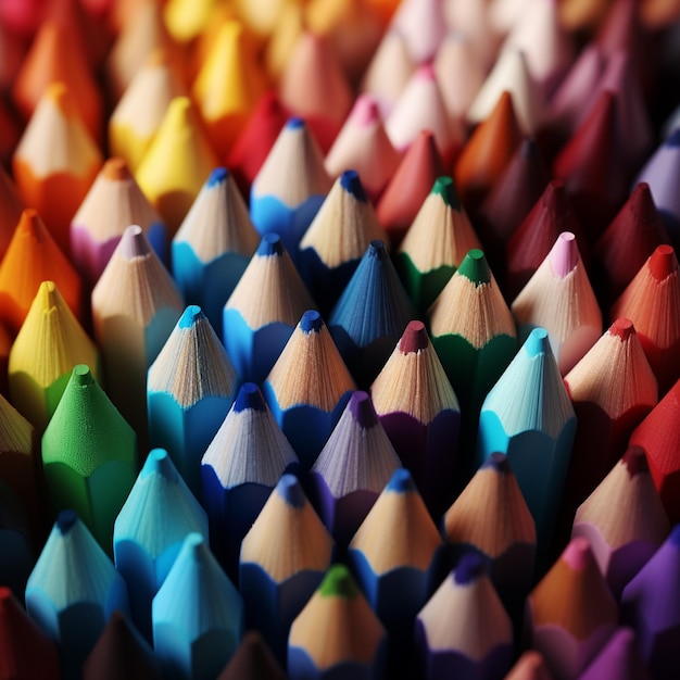 Foto macrofoto van vele gekleurde potloden die een kleurrijke achtergrond vormen voor sociale media