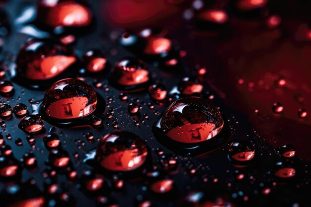 Macrofoto van waterdruppels op rood oppervlak in de stijl van abstracte kunst Gedurfde vormen en diepe kleuren Generatieve AI