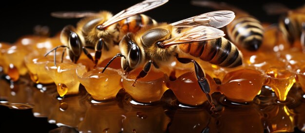 Foto macrofoto van werkende bijen op honingraatjes