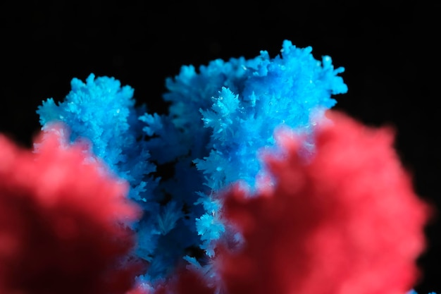 Macrofotografie blauwe en rode zoutkristal zwarte achtergrond