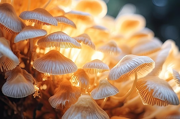 Foto macrofotografie weergave van een prachtige groep paddenstoelen op de achtergrond van de boom
