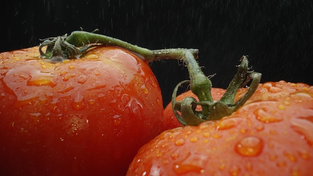 Foto macrographische tomaten in een mand met zwarte achtergrond eetbaar